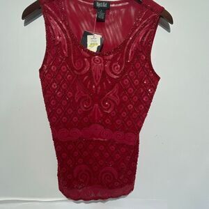 Objects D'art Women's Red Mesh Back Sleeveless Sequined Beaded Top Small NWT
